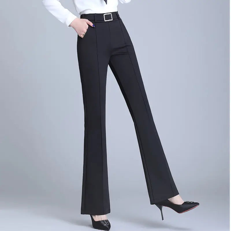 Women's Elegant High-Waist Flare Pants Diamond Detail Casual Straight Trousers for Spring & Autumn