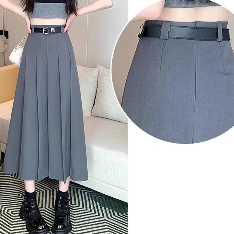 Timeless Black & Gray A-Line Midi Skirt: Slimming High-Waist Design for Summer 2024