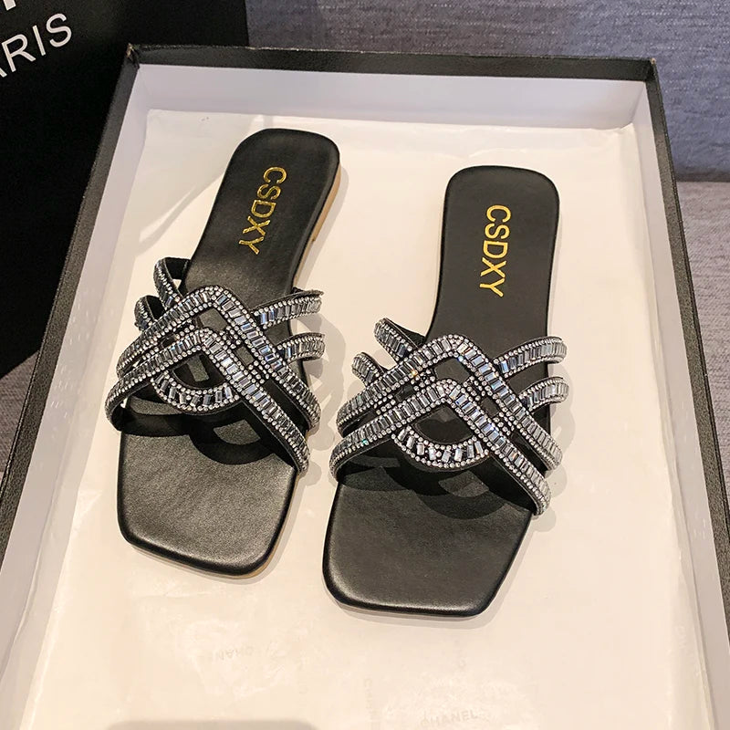 Luxury Rhinestone Flat Slippers Women's Summer Fashion Sandals for Beach & Party
