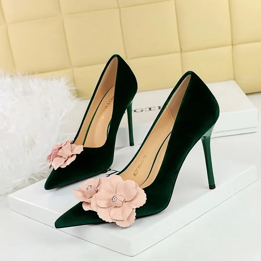 style Women's Suede Floral Stilettos Elegant High Heels for Banquets & Special Occasions