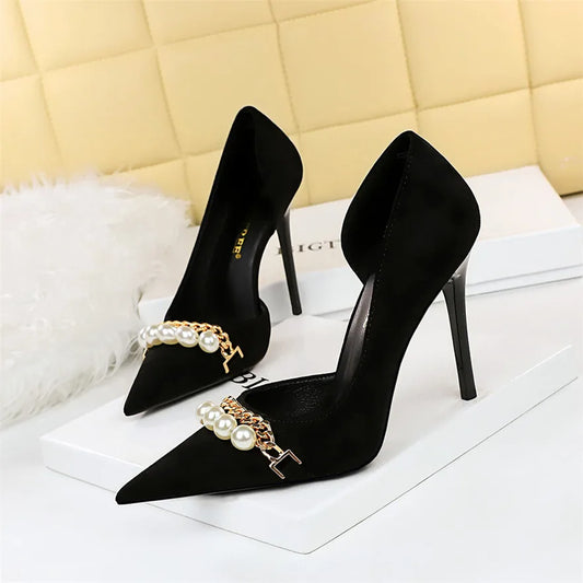 2025 New Styles Elegant Black Stilettos Pearl Detail & Hollow Side for Office or Party Heels