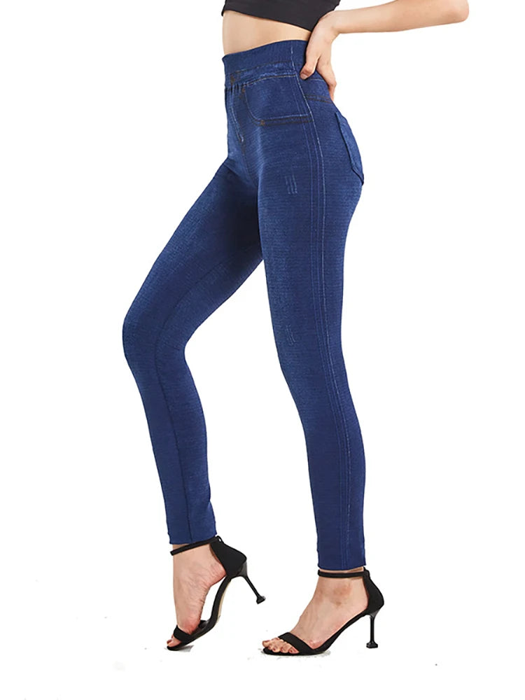 Leggings for Women Plus Size Stretch ,Seamless Soft Pencil Leggings with Faux Jeans Look & Pockets