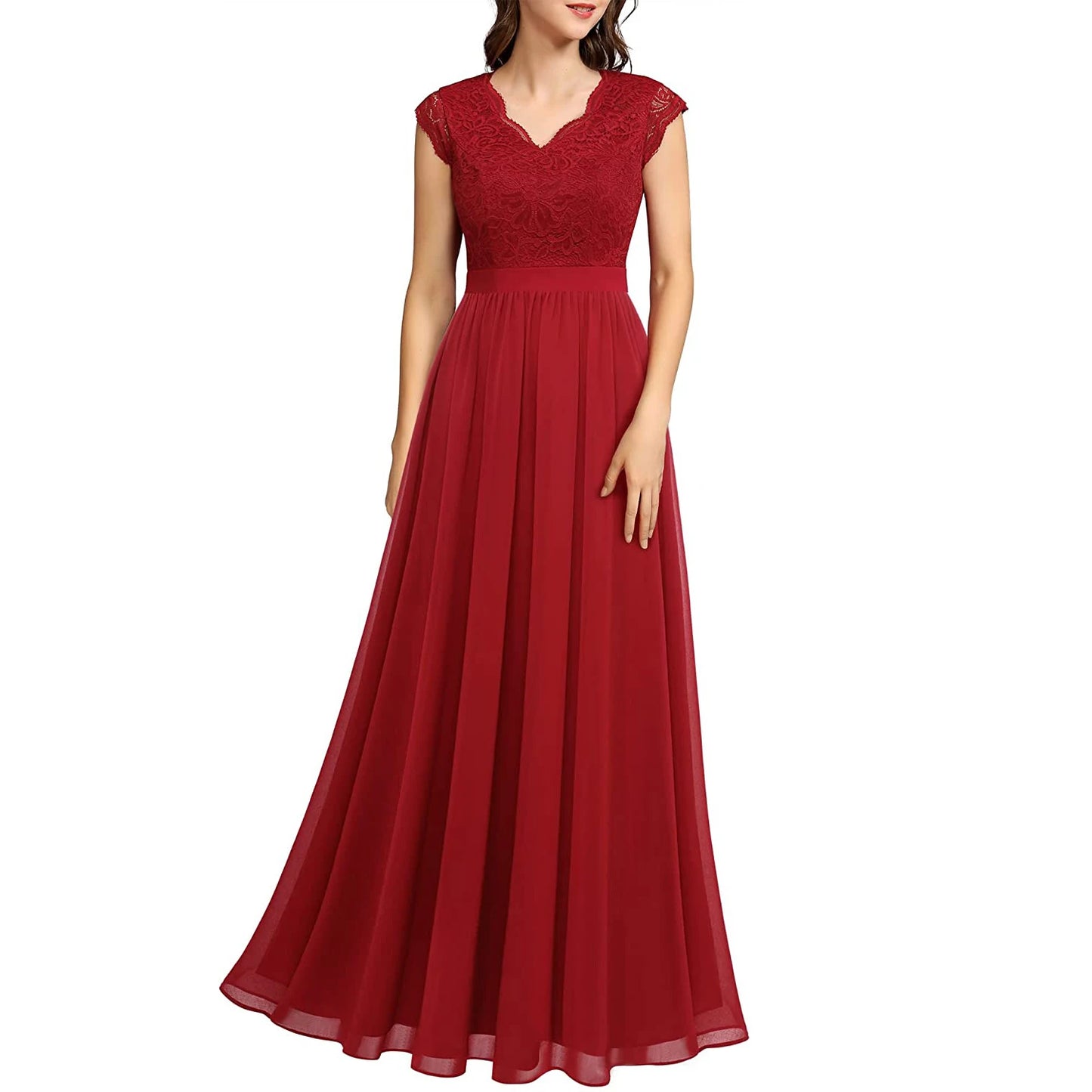 Stylish Lace & Chiffon Party Dress – Sleeveless V-Neck Bridesmaid Formal Gown