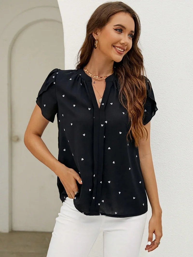 Summer Women's Shirts V-Neck Love Print Blouse Petal Sleeves & Pastoral Charm High Quality Tops for Female
