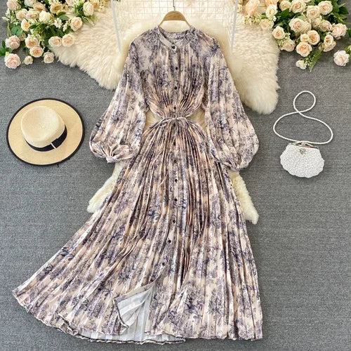 Boho Floral Chiffon Midi Dress  Puff Sleeve, Lace-Up Waist, Beach Style for Women
