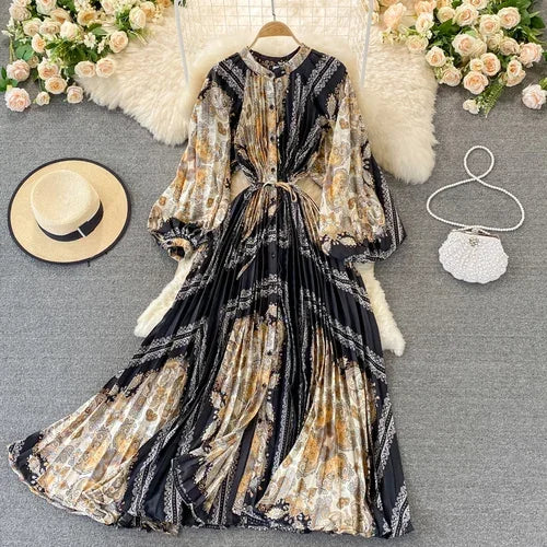 Boho Floral Chiffon Midi Dress  Puff Sleeve, Lace-Up Waist, Beach Style for Women