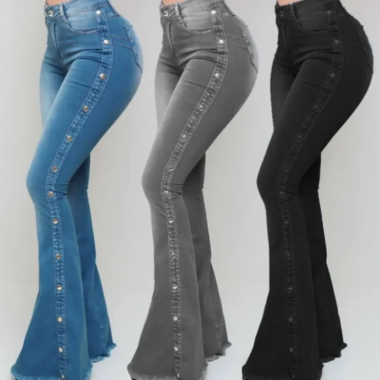 2025 Vintage High-Waist Flare Jeans for Women Stretch Denim Streetwear Trousers with Buttons, Floor-Length Autumn Style
