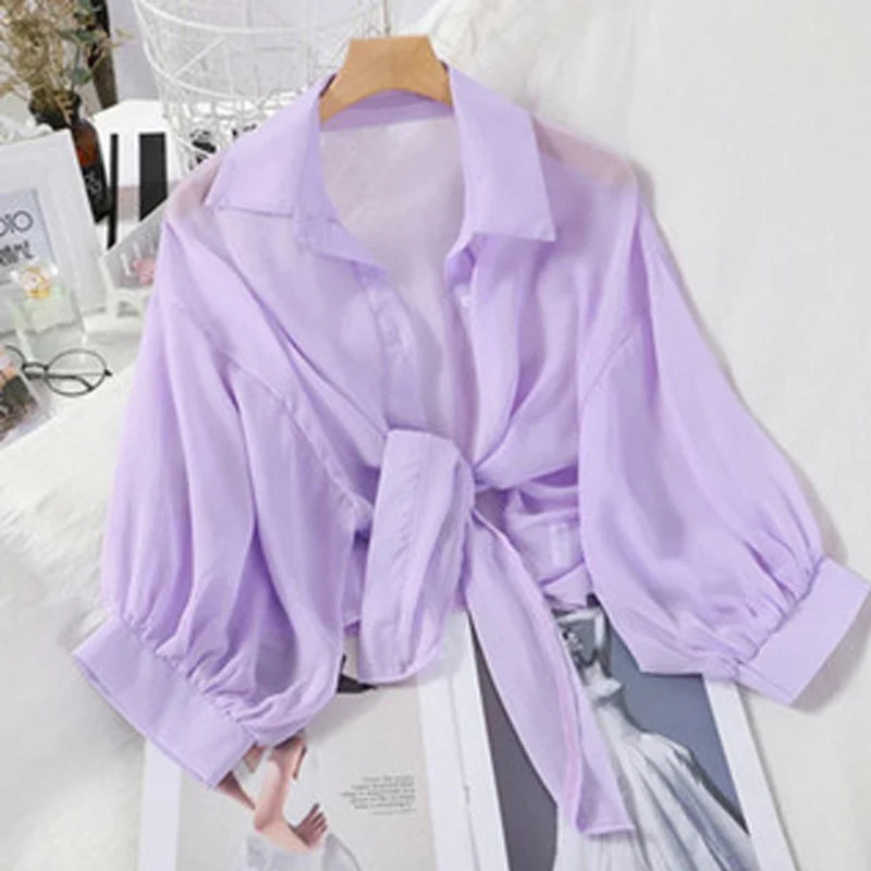 Elegant White Chiffon Blouse – Loose Fit, Tie-Waist, Half-Sleeve Summer Shir