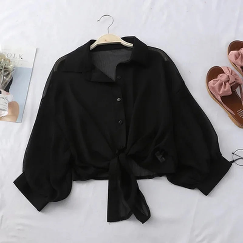 Elegant White Chiffon Blouse – Loose Fit, Tie-Waist, Half-Sleeve Summer Shir