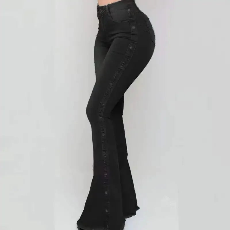 2025 Vintage High-Waist Flare Jeans for Women Stretch Denim Streetwear Trousers with Buttons, Floor-Length Autumn Style