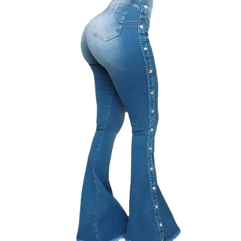 2025 Vintage High-Waist Flare Jeans for Women Stretch Denim Streetwear Trousers with Buttons, Floor-Length Autumn Style