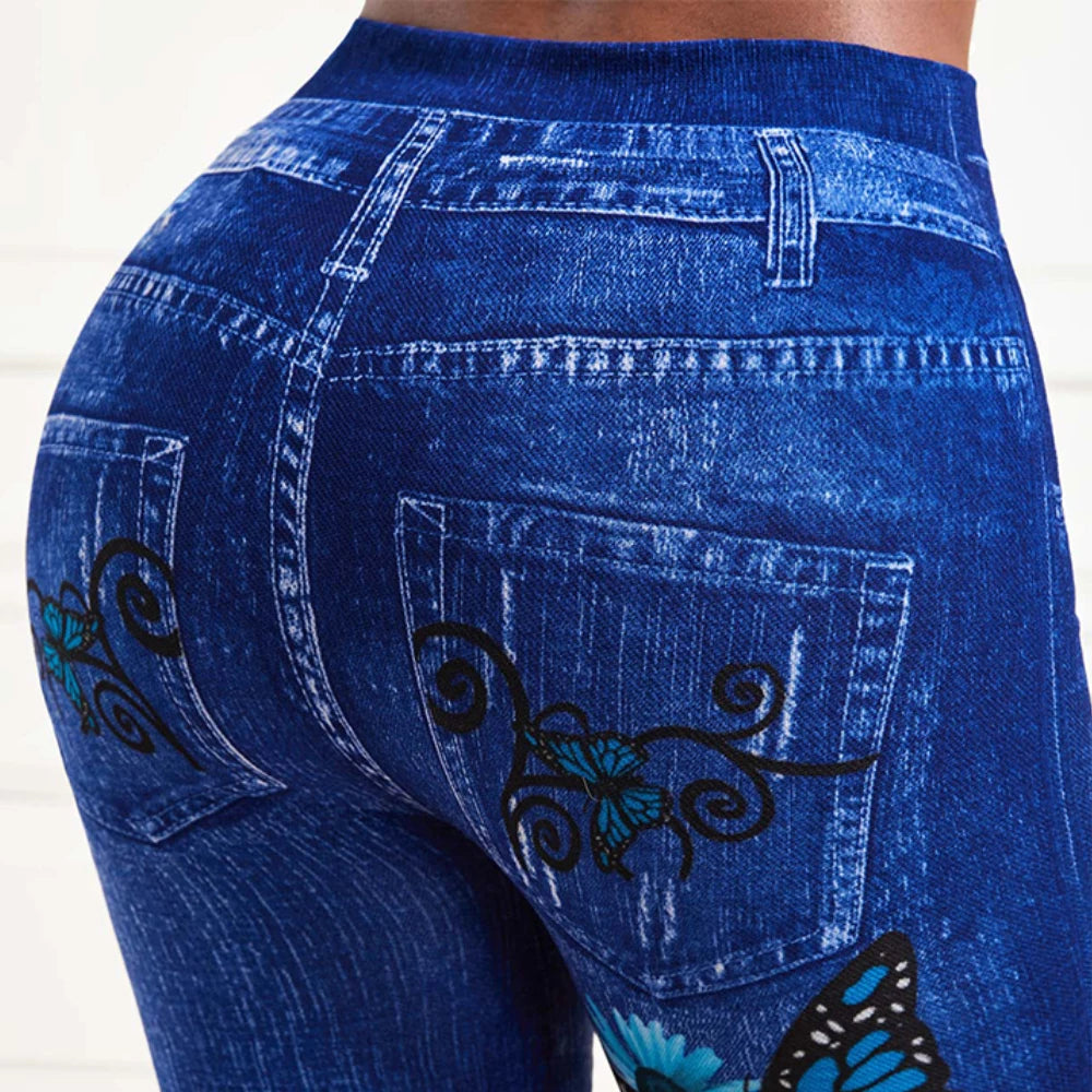 Trendsetting Plus Size Denim-Look Jeggings: High-Waist Stretchy Skinny Pants with Fashionable Prints – Perfect for Effortless Style and Comfort