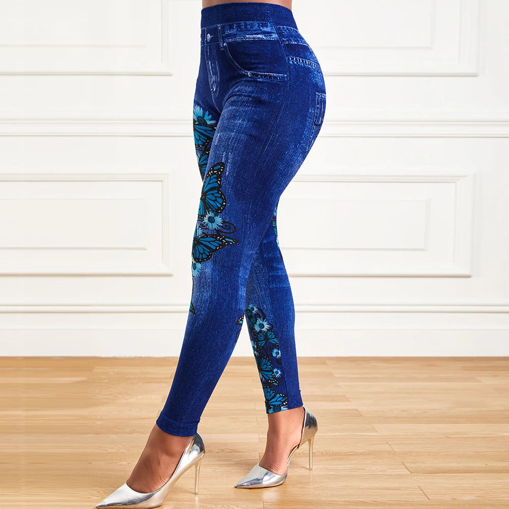 Trendsetting Plus Size Denim-Look Jeggings: High-Waist Stretchy Skinny Pants with Fashionable Prints – Perfect for Effortless Style and Comfort