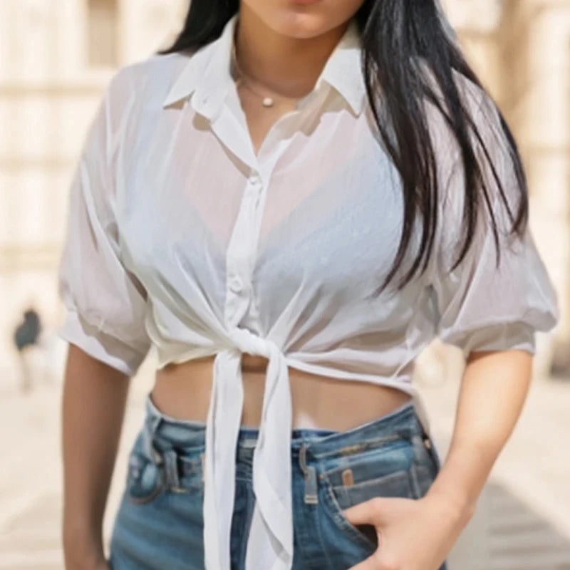 Elegant White Chiffon Blouse – Loose Fit, Tie-Waist, Half-Sleeve Summer Shir