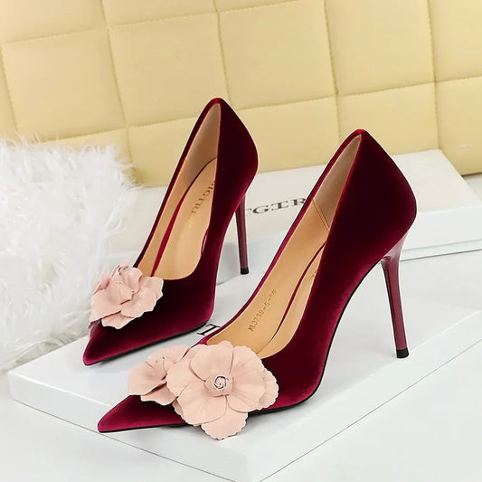 style Women's Suede Floral Stilettos Elegant High Heels for Banquets & Special Occasions