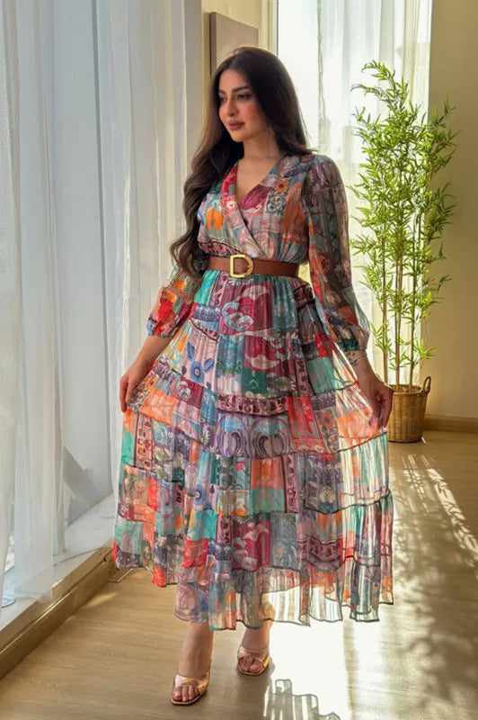 2025 Spring Summer Women’s Chiffon Dress – V-Neck, Long Sleeve, Belted A-Line Party Look