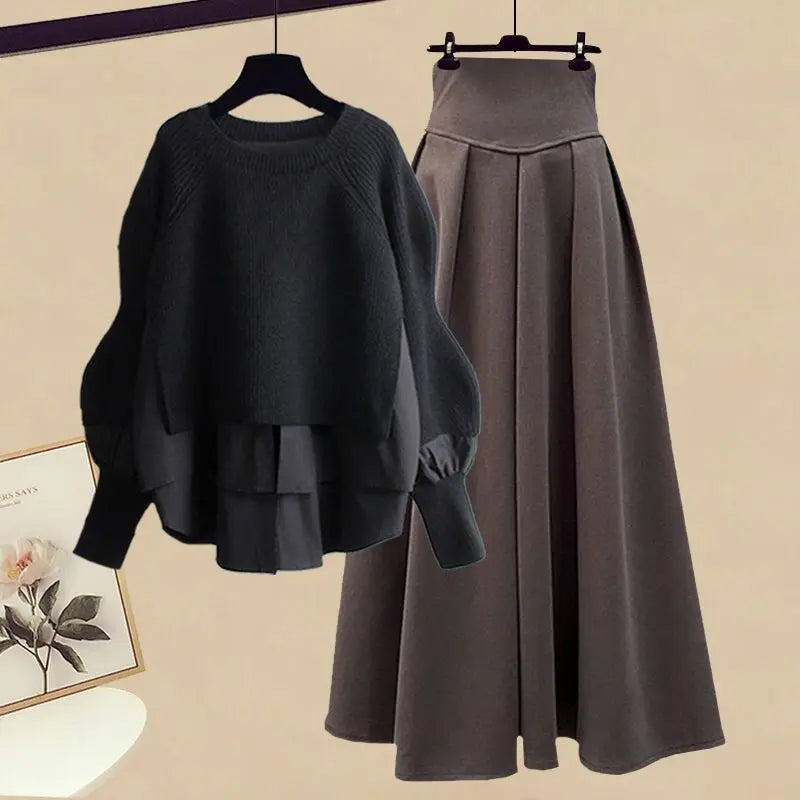 2025 Spring/Autumn New Korean Elegant Splice Fake Two Piece Knitted Sweater Dress Matching Set Women's Chic Pullover Skirt Set