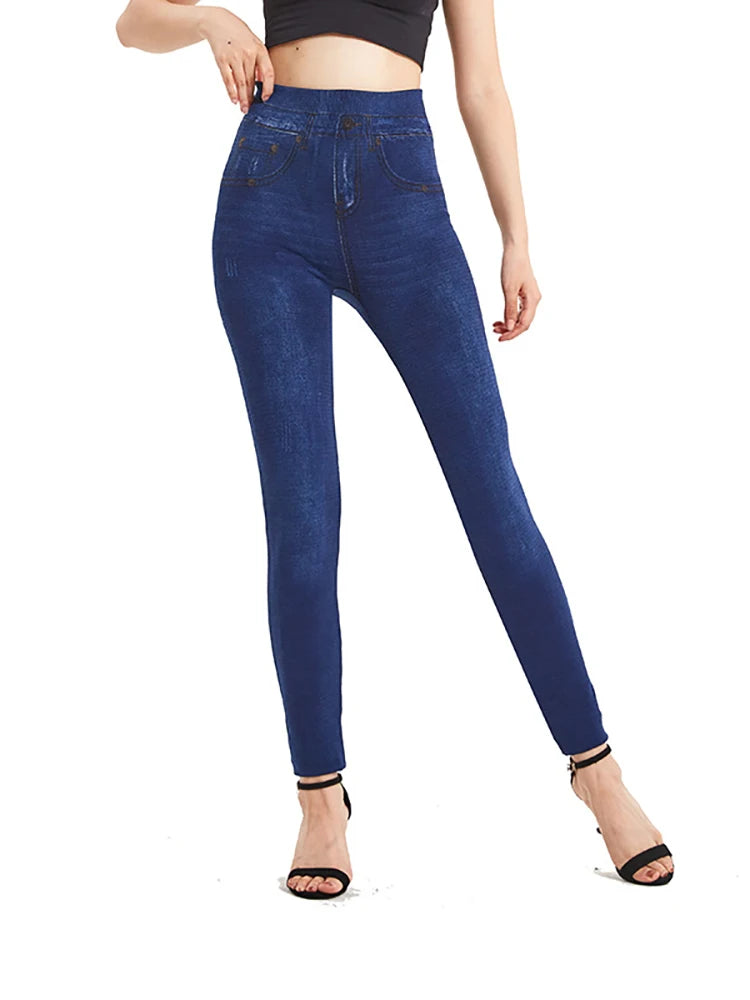 Leggings for Women Plus Size Stretch ,Seamless Soft Pencil Leggings with Faux Jeans Look & Pockets