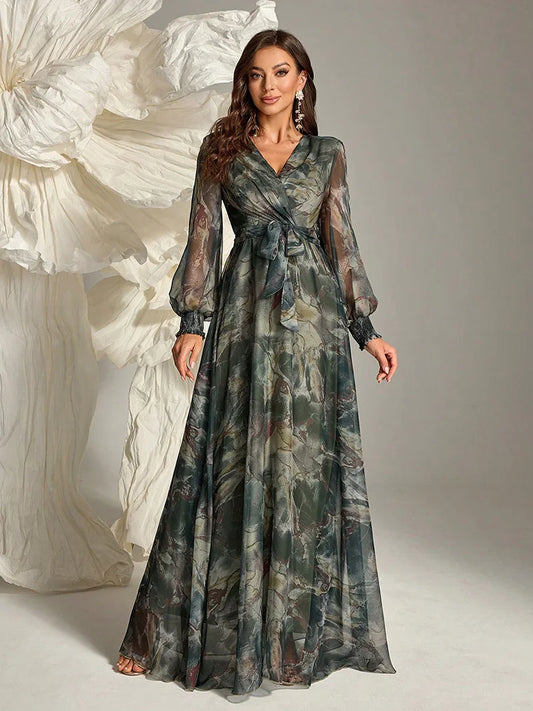 Women's Elegant Floral Wrap Dress TOLEEN 2024 Spring/Summer Belted Maxi with Long Sleeves
