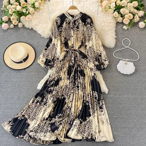 Boho Floral Chiffon Midi Dress  Puff Sleeve, Lace-Up Waist, Beach Style for Women