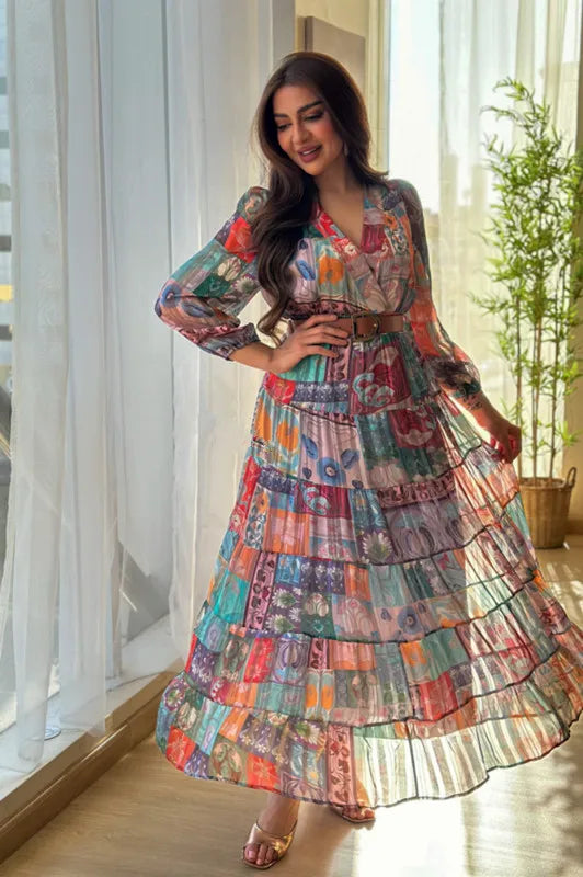 2025 Spring Summer Women’s Chiffon Dress – V-Neck, Long Sleeve, Belted A-Line Party Look