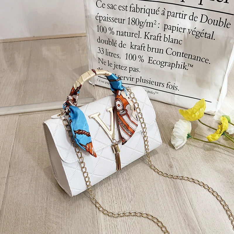 New Fashion Elegant Square Chain Shoulder Bag – V-Pattern, Silk Scarf & Tassel Detail