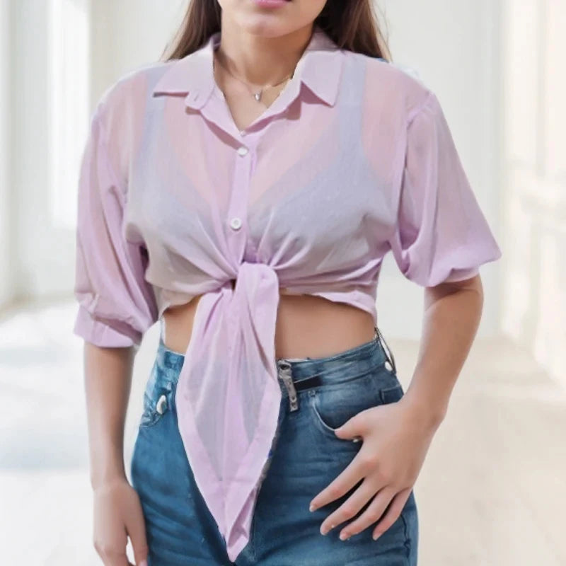 Elegant White Chiffon Blouse – Loose Fit, Tie-Waist, Half-Sleeve Summer Shir