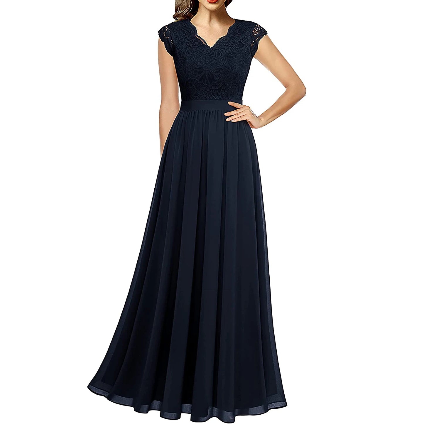 Stylish Lace & Chiffon Party Dress – Sleeveless V-Neck Bridesmaid Formal Gown