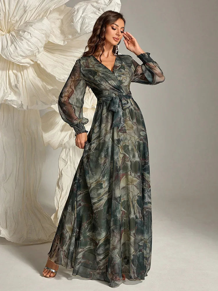 Women's Elegant Floral Wrap Dress TOLEEN 2024 Spring/Summer Belted Maxi with Long Sleeves