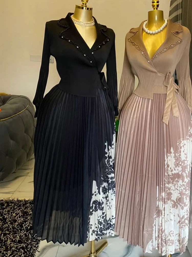EGRM Women's Spring Dress 2025  Elegant Pleated Skirt, Suit Collar, Flattering A-Line Silhouette