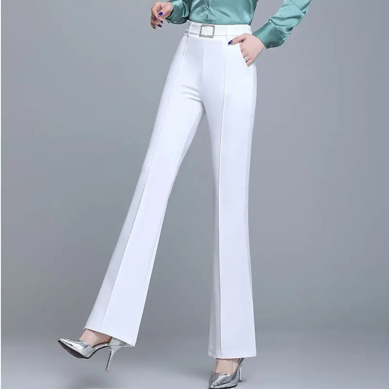 Women's Elegant High-Waist Flare Pants Diamond Detail Casual Straight Trousers for Spring & Autumn