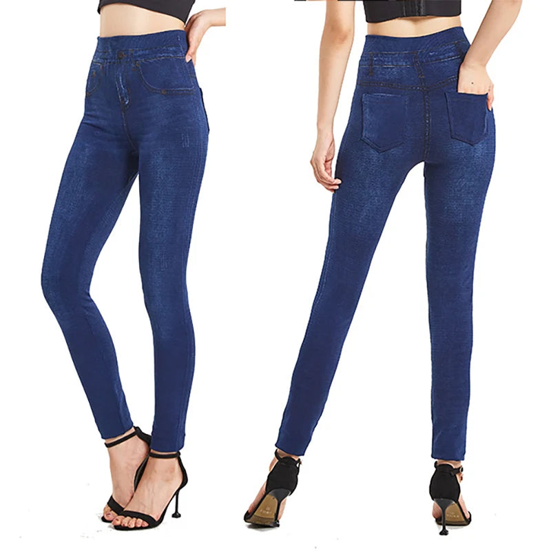 Leggings for Women Plus Size Stretch ,Seamless Soft Pencil Leggings with Faux Jeans Look & Pockets