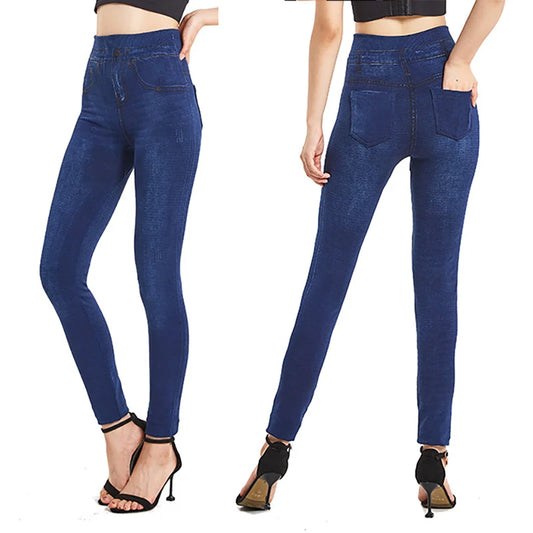 Leggings for Women Plus Size Stretch ,Seamless Soft Pencil Leggings with Faux Jeans Look & Pockets