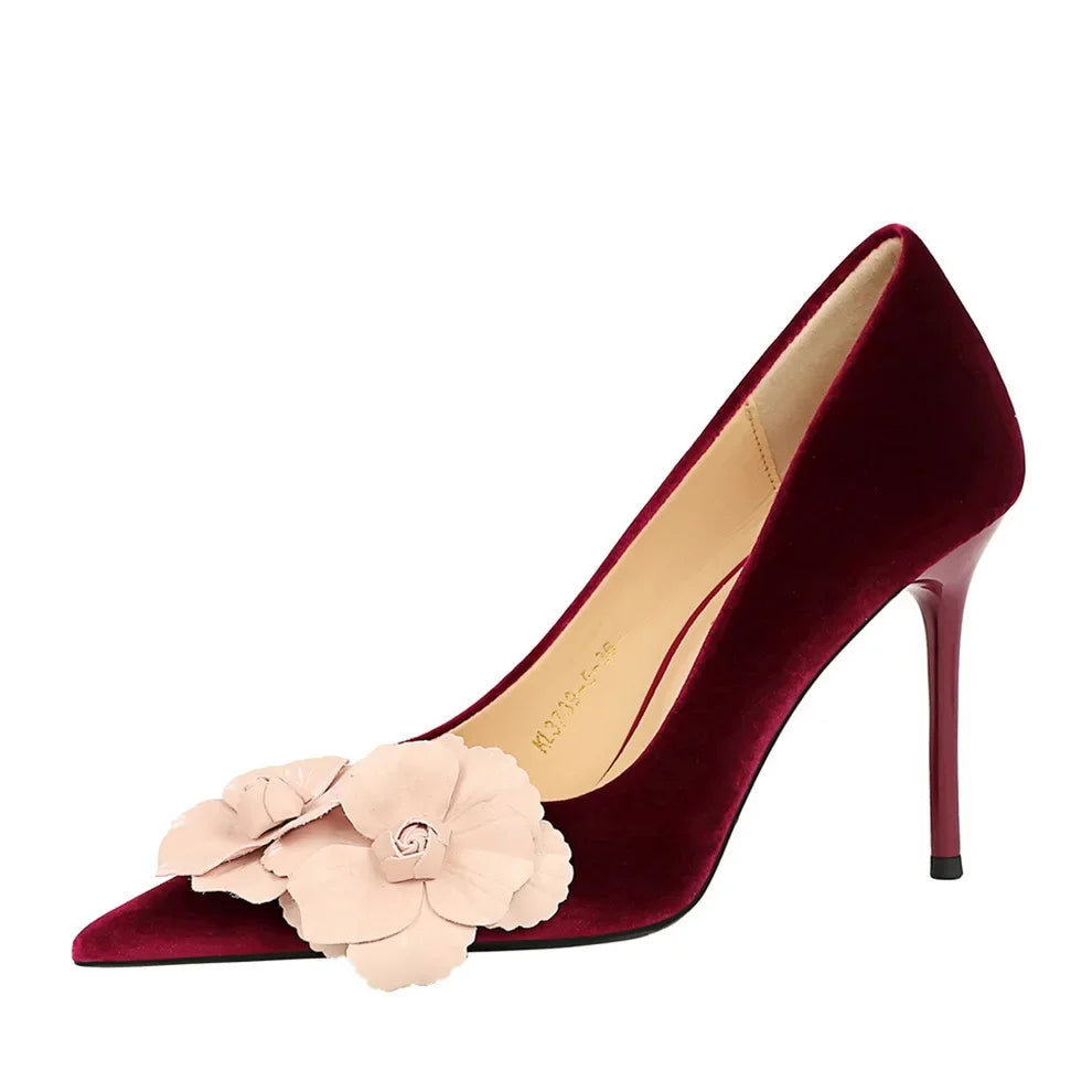 style Women's Suede Floral Stilettos Elegant High Heels for Banquets & Special Occasions