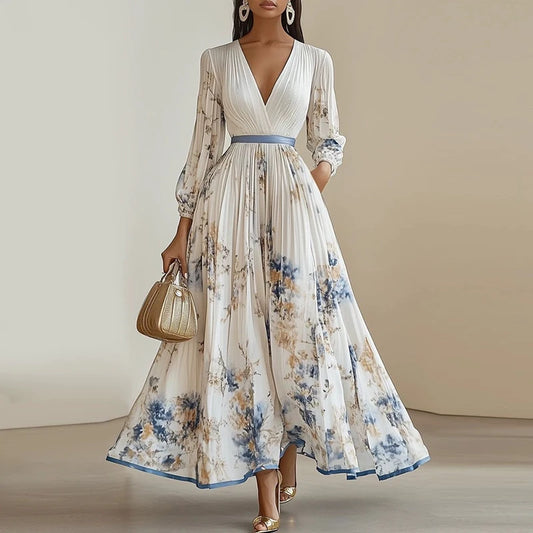pring 2025 Boho Chic Maxi Dress Long Sleeve Floral A-Line with Sexy Deep V Neck
