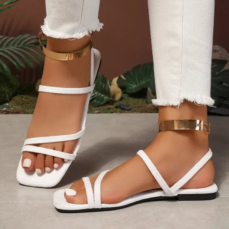 women shoes 2025 Chic Open-Toe Flat Sandals for Women – Casual Beach Style with Narrow Band Design, Slip-On Comfort, and Plus Size Options