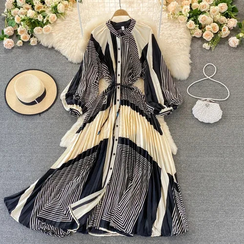 Boho Floral Chiffon Midi Dress  Puff Sleeve, Lace-Up Waist, Beach Style for Women