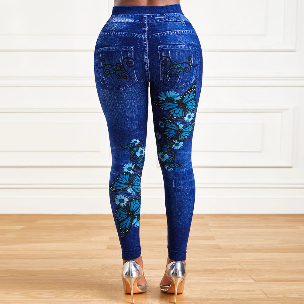 Trendsetting Plus Size Denim-Look Jeggings: High-Waist Stretchy Skinny Pants with Fashionable Prints – Perfect for Effortless Style and Comfort