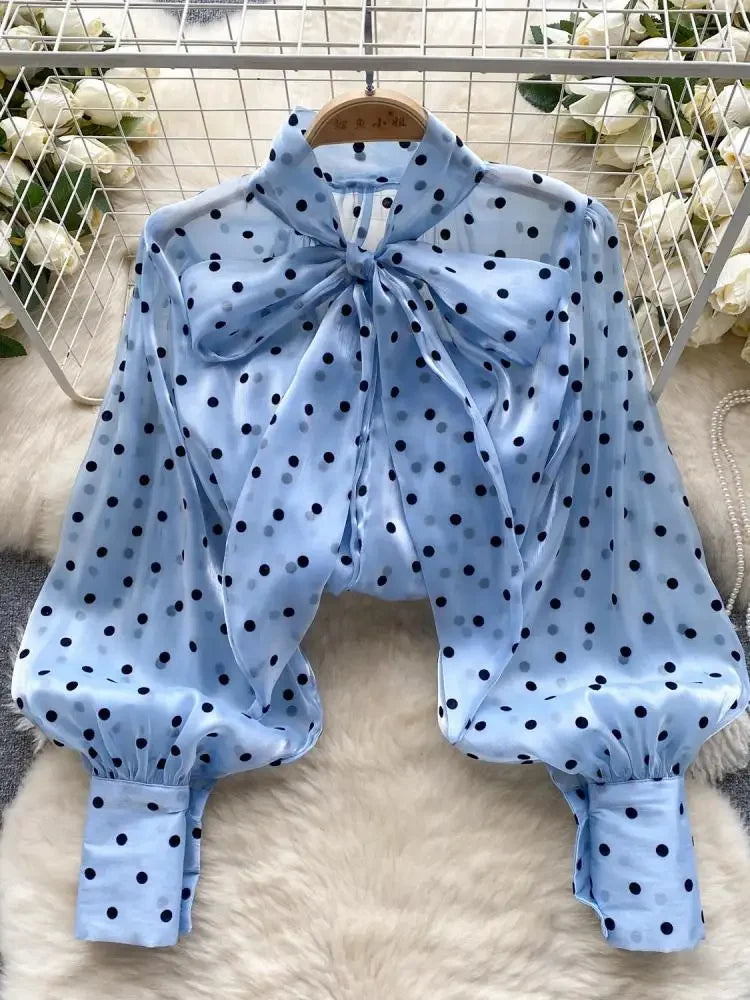 2025 Sweet Vintage Polka Dot Shirt long Sleeve Office ladies Blouses Tops