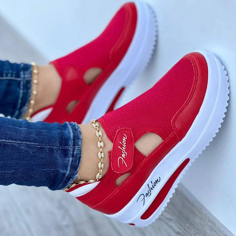 Stylish Red Canvas Sneakers for Women – Lightweight Platform Tennis Shoes with Hollow-Out Design, Perfect for Casual & Sporty Looks