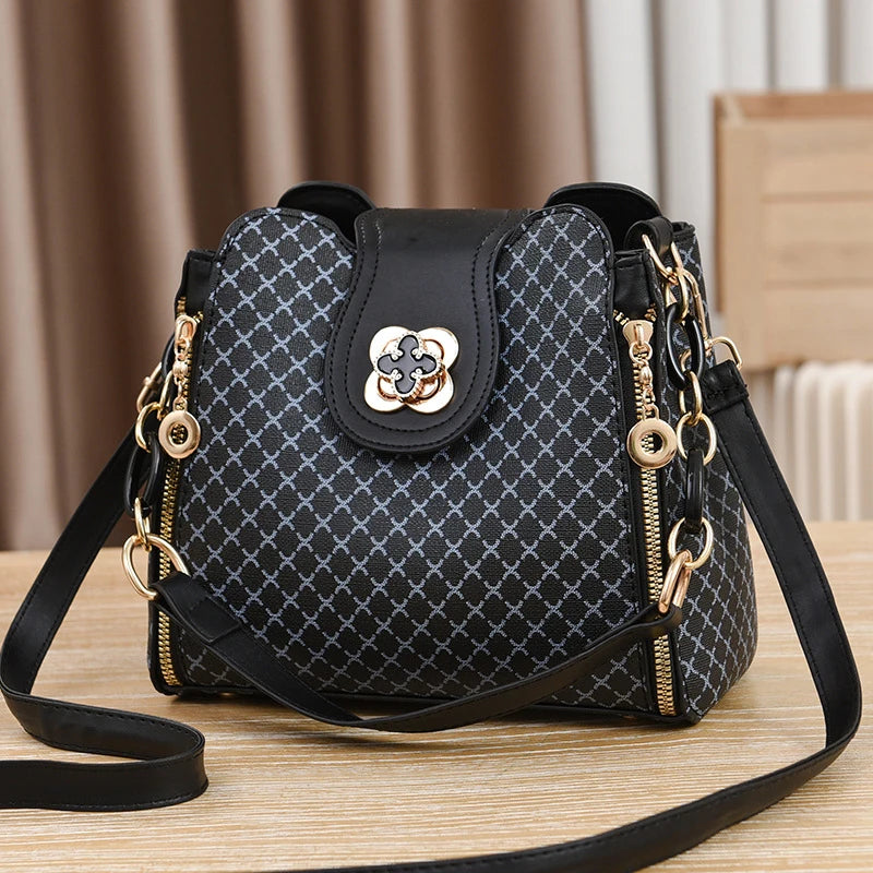 New Women Handbag Bag Luxury Check Print Bucket Shoulder Bag – Flip Top, Large Capacity Crossbody for Women