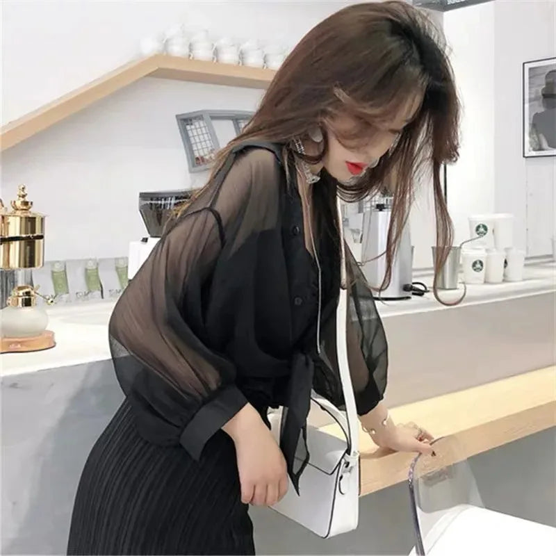Elegant White Chiffon Blouse – Loose Fit, Tie-Waist, Half-Sleeve Summer Shir