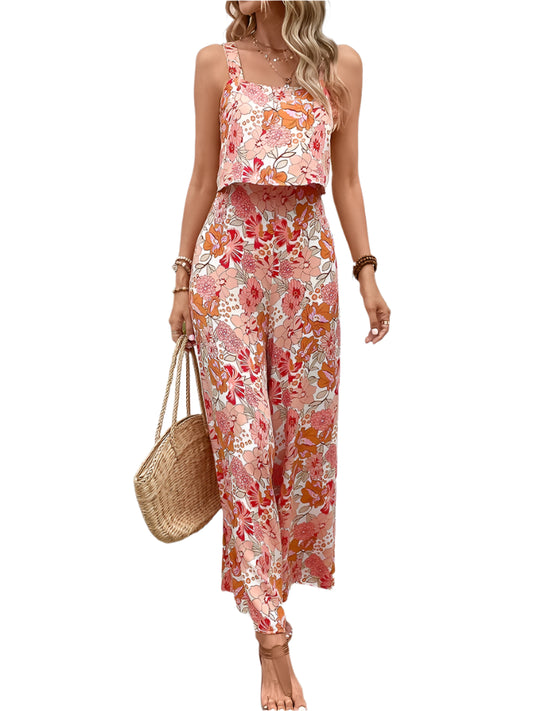 2024 Elegant Long Jumpsuit for Women – Sexy Backless Sleeveless Romper with Wide Leg Floral Design, Perfect Summer Outfit