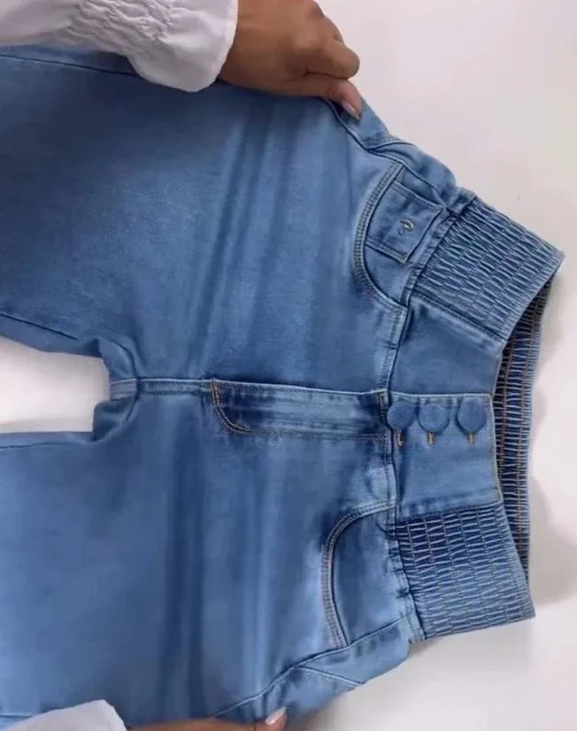 2025 Street Style Jeans Button Front & Shirred Back Comfort Fit