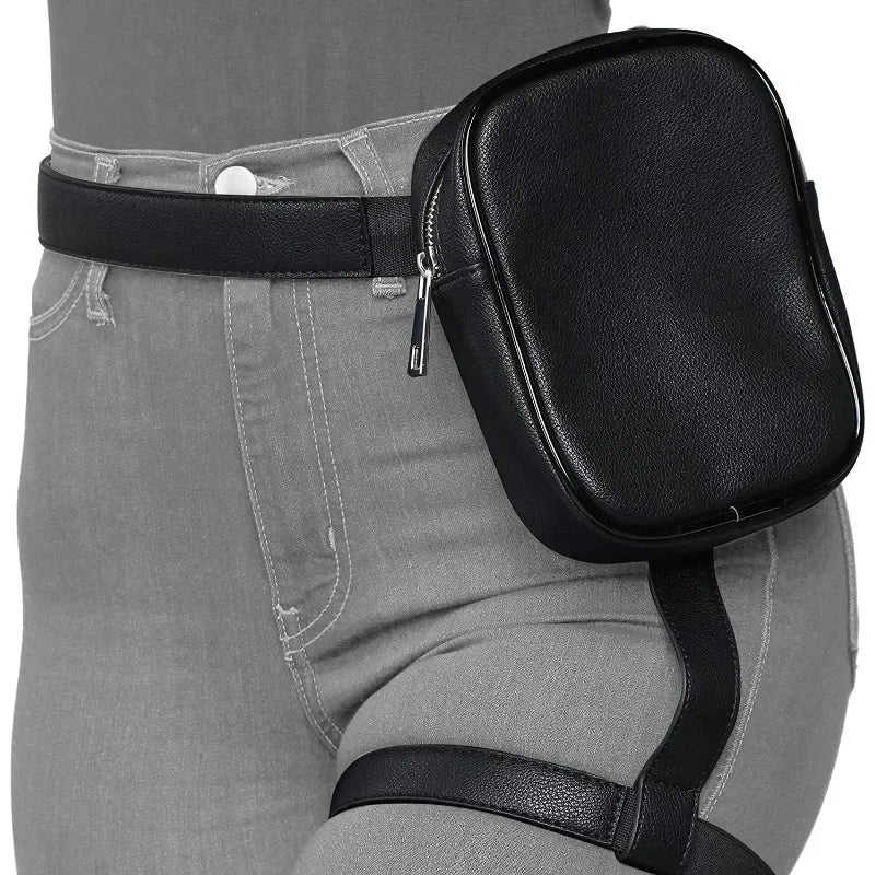 fashion Black Women Waist Leg Belt Leather Cool Girl Bag Fanny Pack for Outdoor Hiking Motorcycle