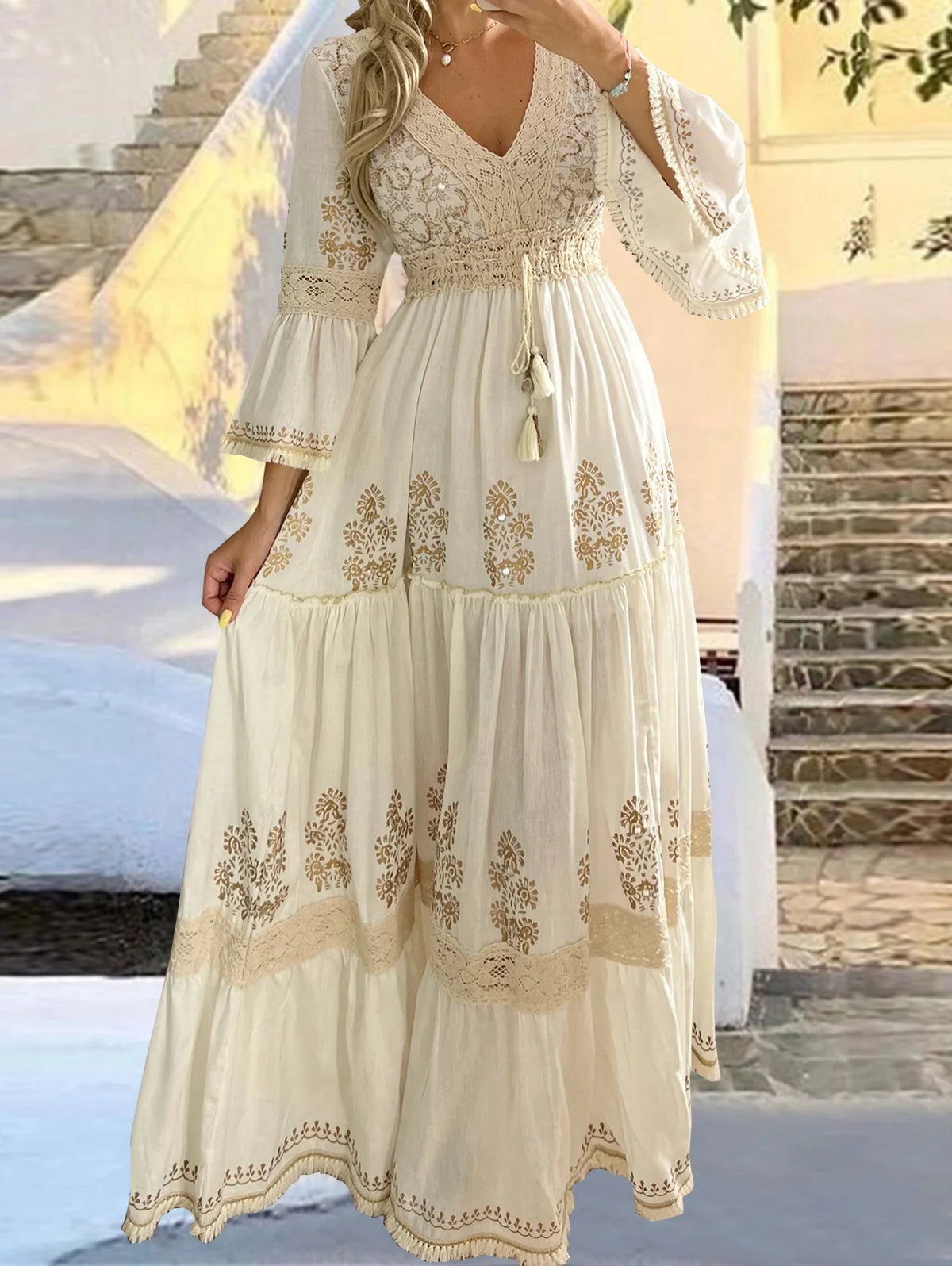 Long dress 2025 women summer  Elegant Boho Maxi Dress – Hollow Out Lace Summer Holiday Wear