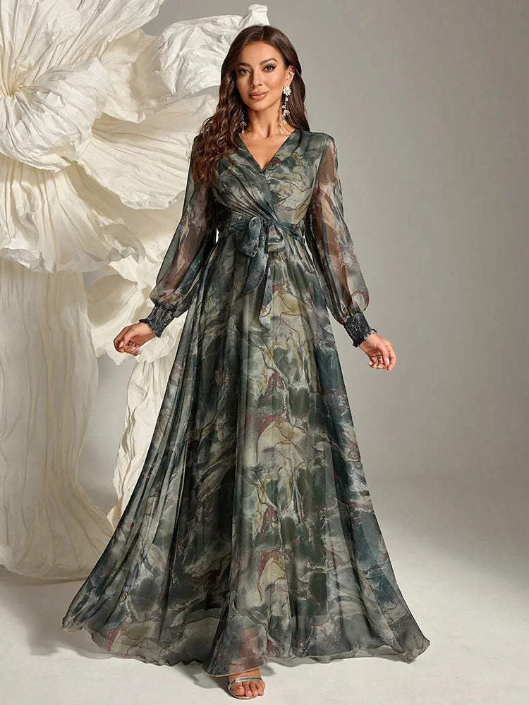 Women's Elegant Floral Wrap Dress TOLEEN 2024 Spring/Summer Belted Maxi with Long Sleeves