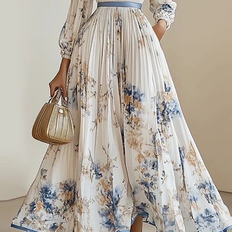 pring 2025 Boho Chic Maxi Dress Long Sleeve Floral A-Line with Sexy Deep V Neck